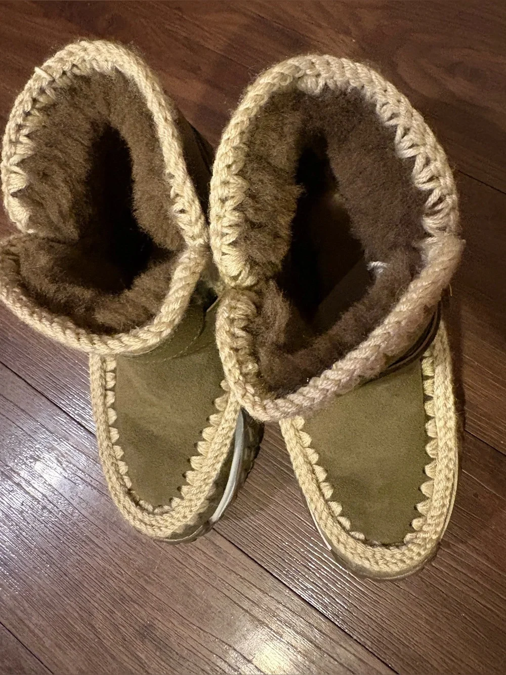 Kids Olive Green Faux-Shearling Winter Boots